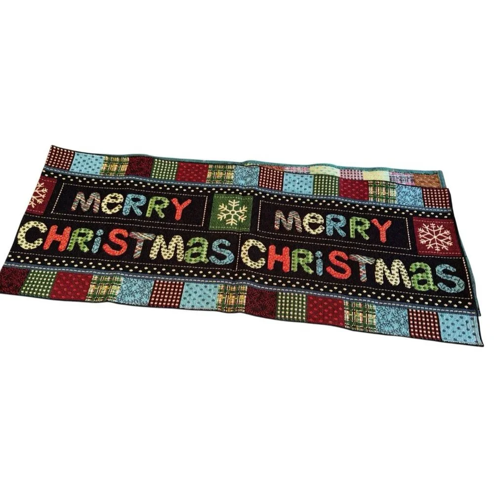 Colorful Merry Christmas Table Runner Tapestry Patchwork Farmhouse Country Chic
